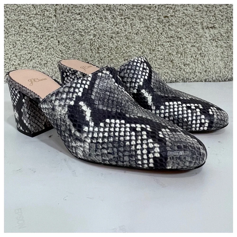 J.Crew Grey Sophia High Block-heel Faux Snakeskin Mules/Slides